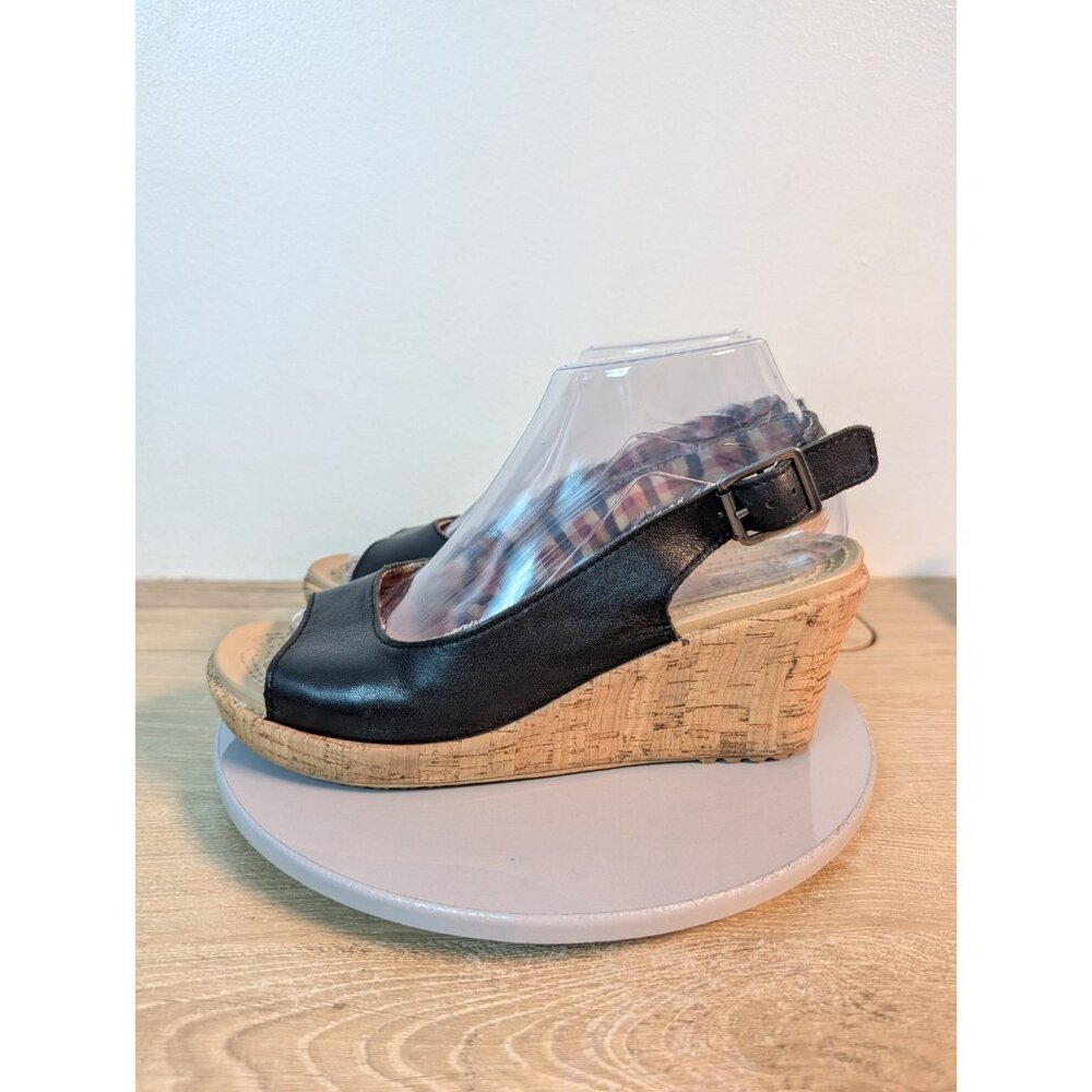 CROCS A-Leigh Black Leather Cork Wedge Slingbacks Sandals Size 8 Flaw - Picture 5 of 10
